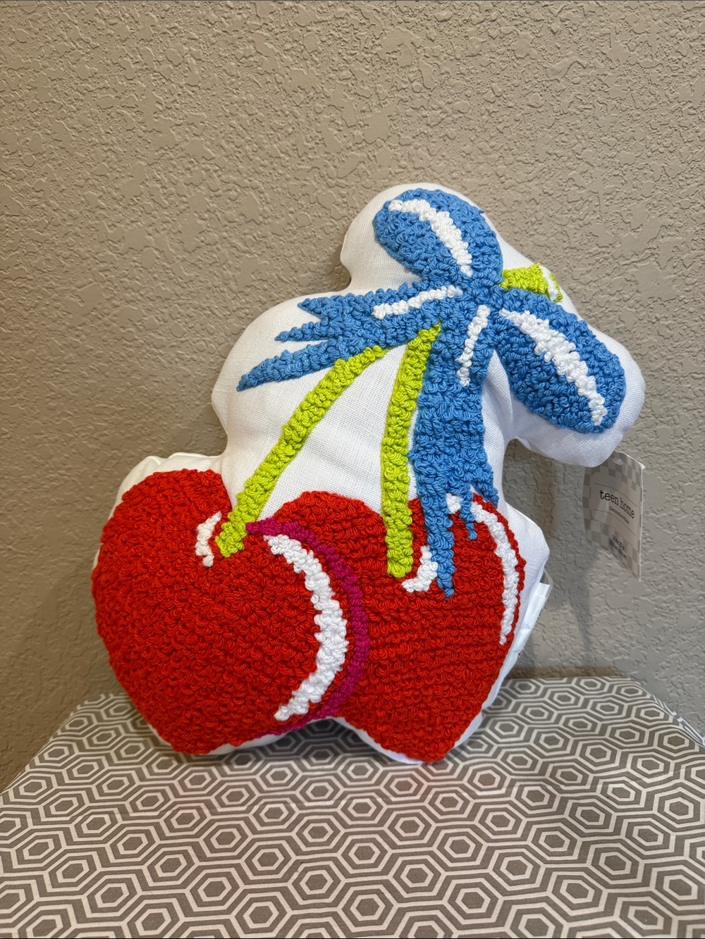 Plush Red Cherry Toss Pillow with Blue Bow teen home